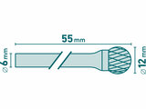 Fréza karbidová, kulová, pr.12mm/stopka 6mm,sek střední (double-cut)