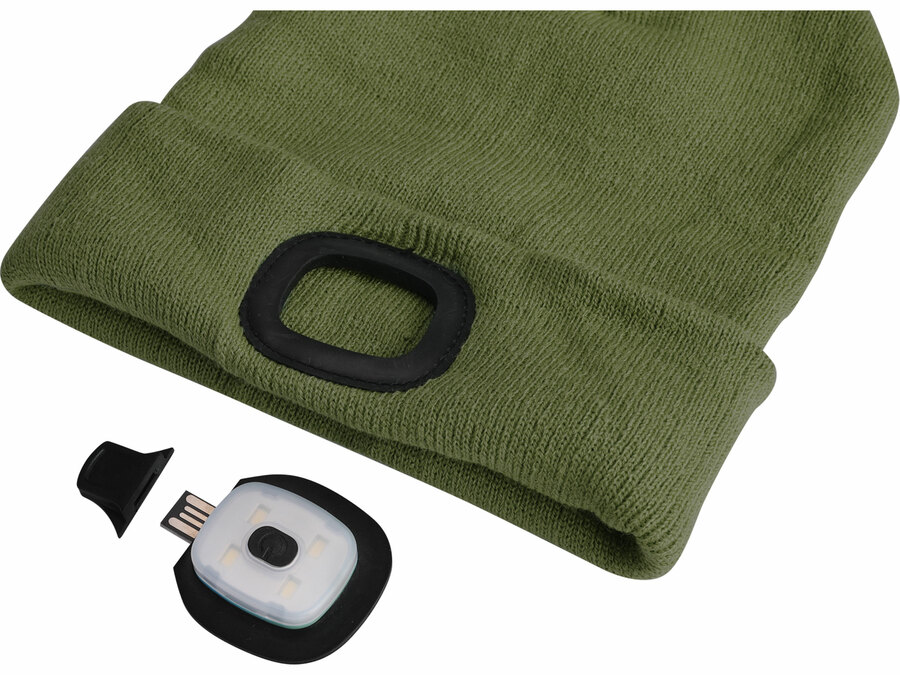 Čepice s čelovkou 4x45lm, USB nabíjení, tmavě zelená, univerzální velikost, 73% acryl a 27% polyester