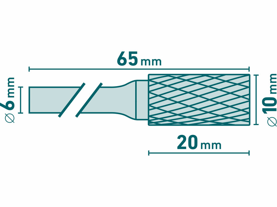 Fréza karbidová, válcová s čelním ozubením, pr.10x20mm/stopka 6mm,sek střední (double-cut)
