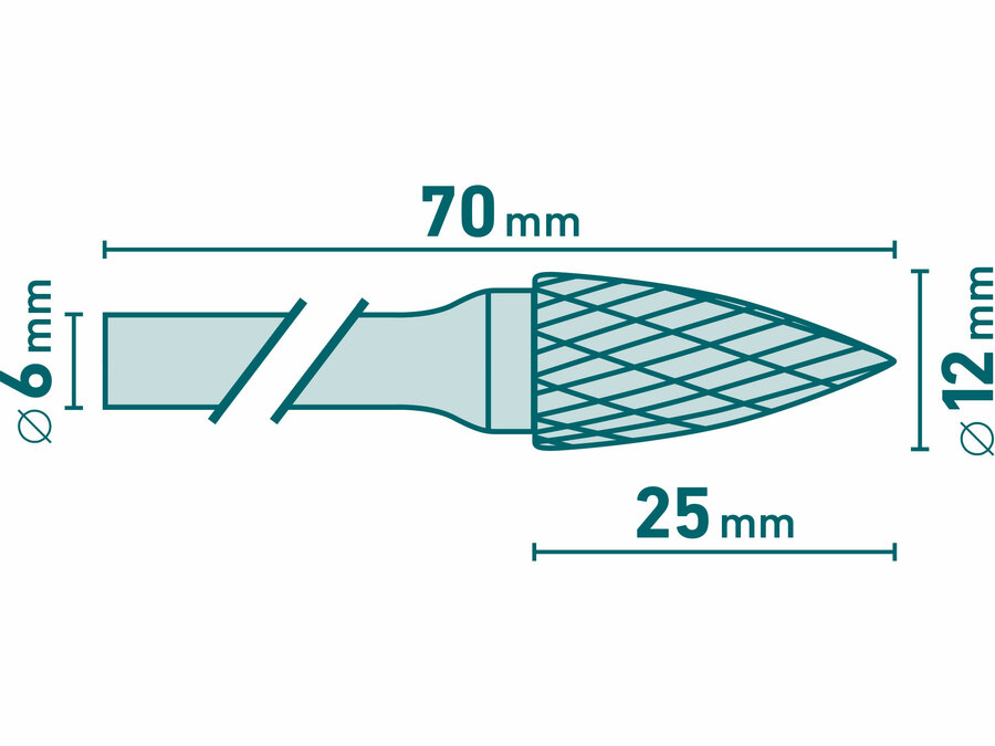 Fréza karbidová, ostrý oblouk, pr.12x25mm/stopka 6mm,sek střední (double-cut)